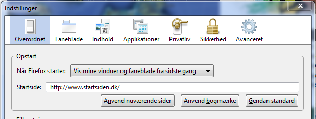 Ops&aelig;tning som startside i Firefox
